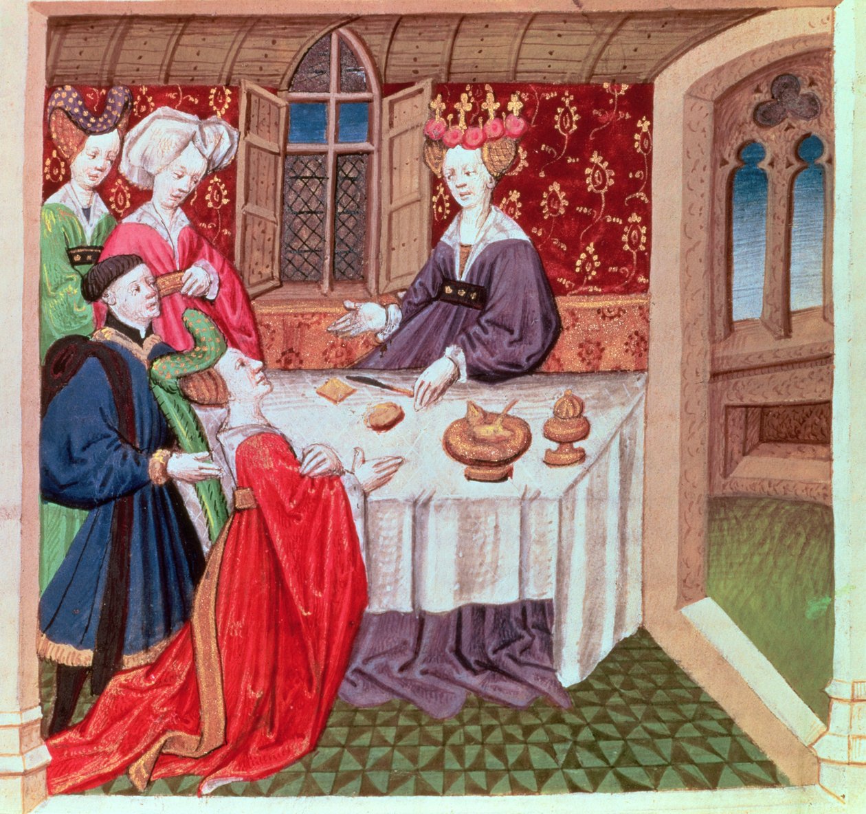 Isolde smeekt koningin Guinevere om bescherming, Roman du Chevalier Tristan door French School