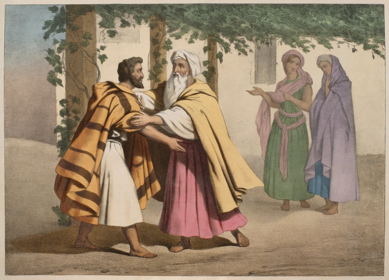 Jakob met Laban en zijn dochters, illustratie uit een catechismus L