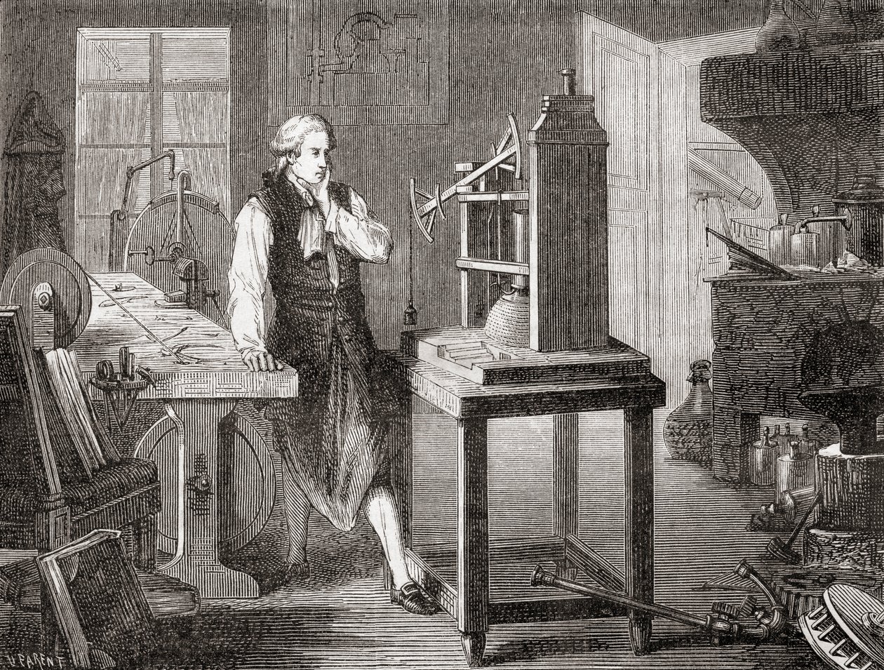 James Watt in zijn werkplaats in Glasgow, verbeterend aan Thomas Newcomen