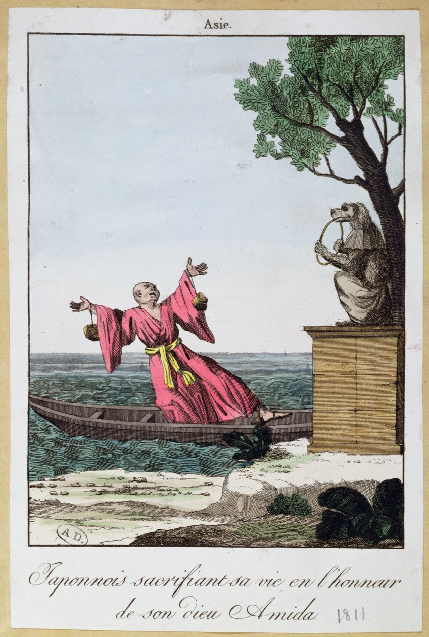 Japanse man offert zijn leven op ter ere van de god Amida, 1811 door French School