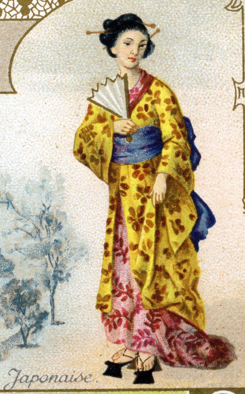 Japanse vrouw. Serie van 25 reclamechromos voor de Dijon fabriek van Biscuits Pernot, eind 19e eeuw. Detail van de personages in traditionele klederdracht door French School