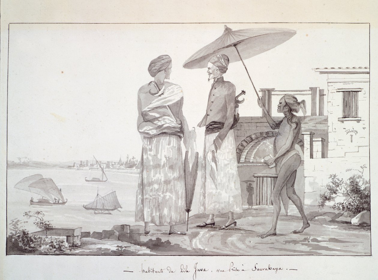 Inwoners van Java op weg naar Surabaya, Illustratie uit Reis rond de wereld door Louis Isidore Duperrey, door L F Lejeune door French School