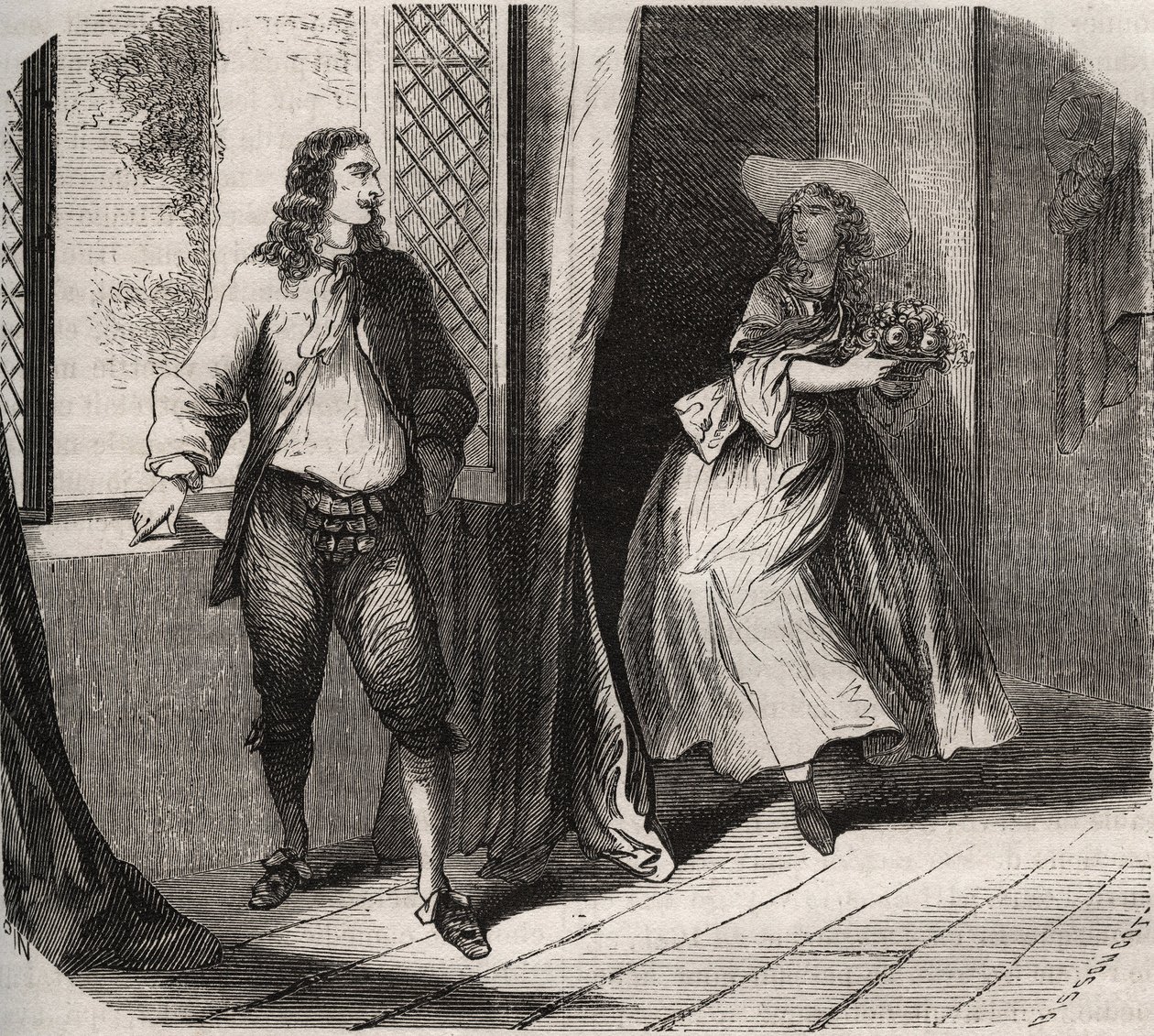 Jean Baptiste (Jean-Baptiste) Poquelin, genaamd Moliere (1622-1673) stelde voor aan de comédienne Mademoiselle de Brie (Catherine Leclerc du Rose) door French School