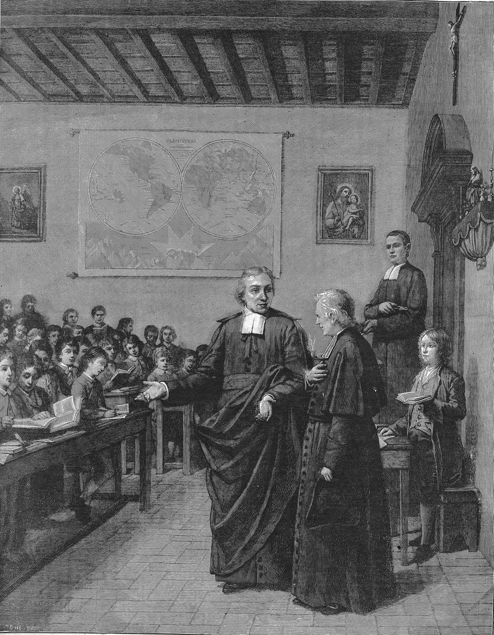Jean Baptiste De La Salle (Jean-Baptiste) 1651-1719 Franse religieuze, oprichter van de congregatie van de broeders van de christelijke scholen, toont een van zijn scholen aan M de La Chetardie. Gravure uit het einde van de 19e eeuw. door French School