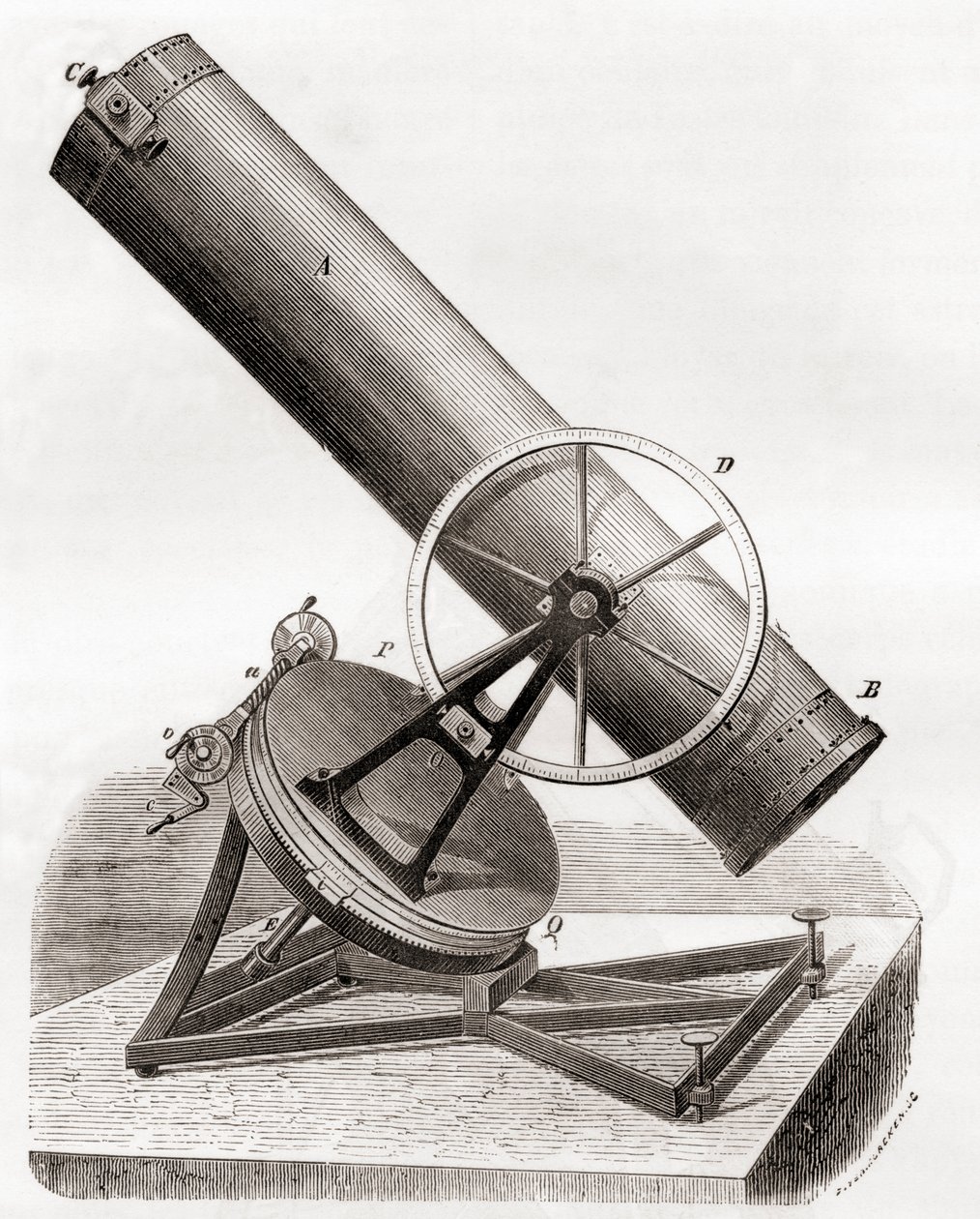 Spiegeltelescoop van Jean Bernard Léon Foucault op een equatoriale montering, naar een 19e-eeuwse tekening, uit Les Merveilles de la Science, gepubliceerd ca. 1870 (gravure) door French School