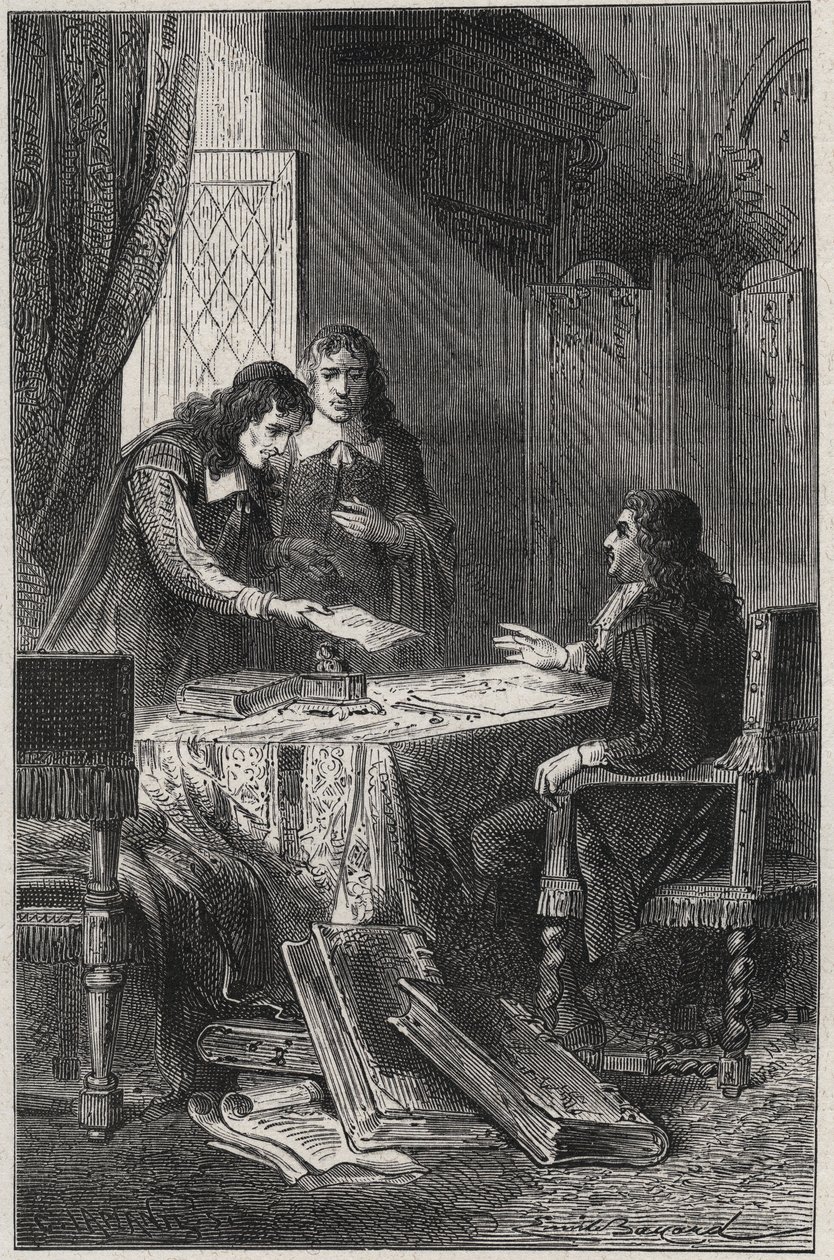 Jean Chapelain (1595-1674) Franse dichter en literair criticus en Pierre Costar (1603-1660) gaven Jean Baptiste Colbert (1619-1683) een lijst van schrijvers die een pensioen van de koning verdienen - gravure in 