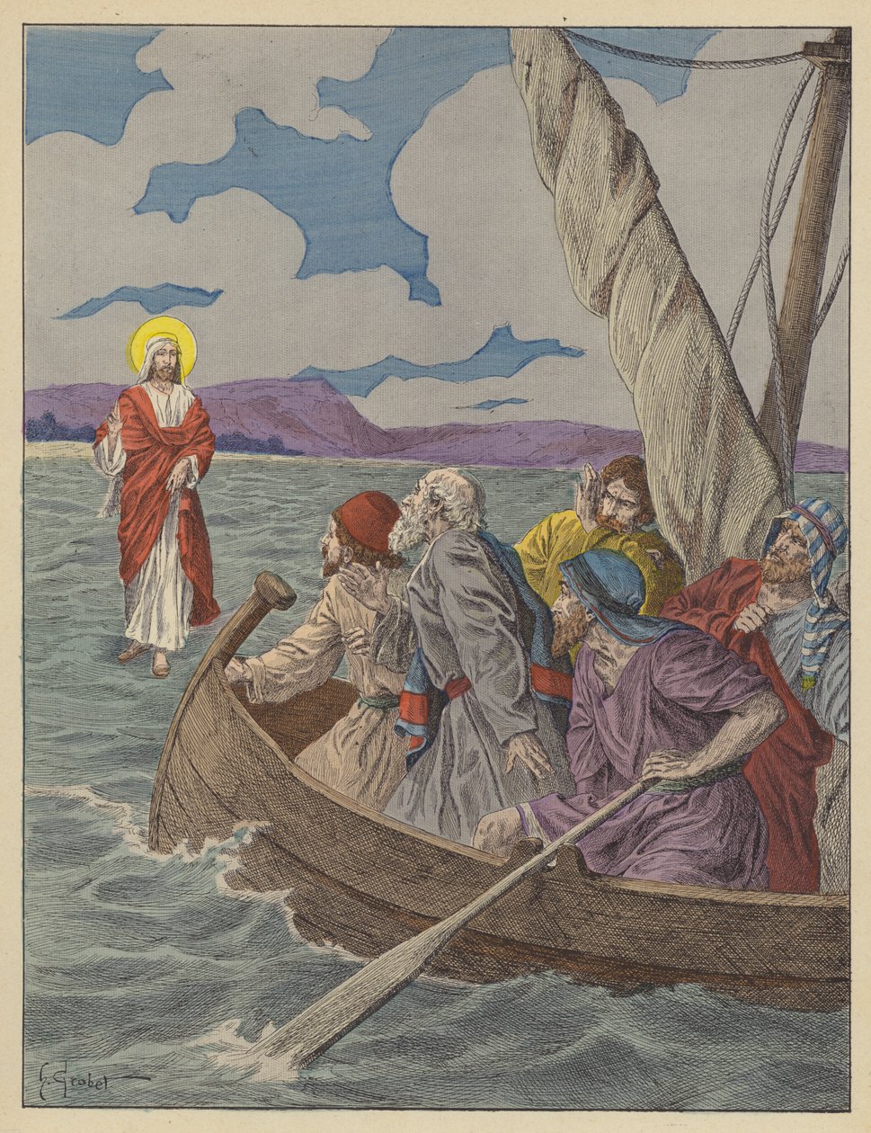 Jezus Christus op het water (kleurenlitho) door French School