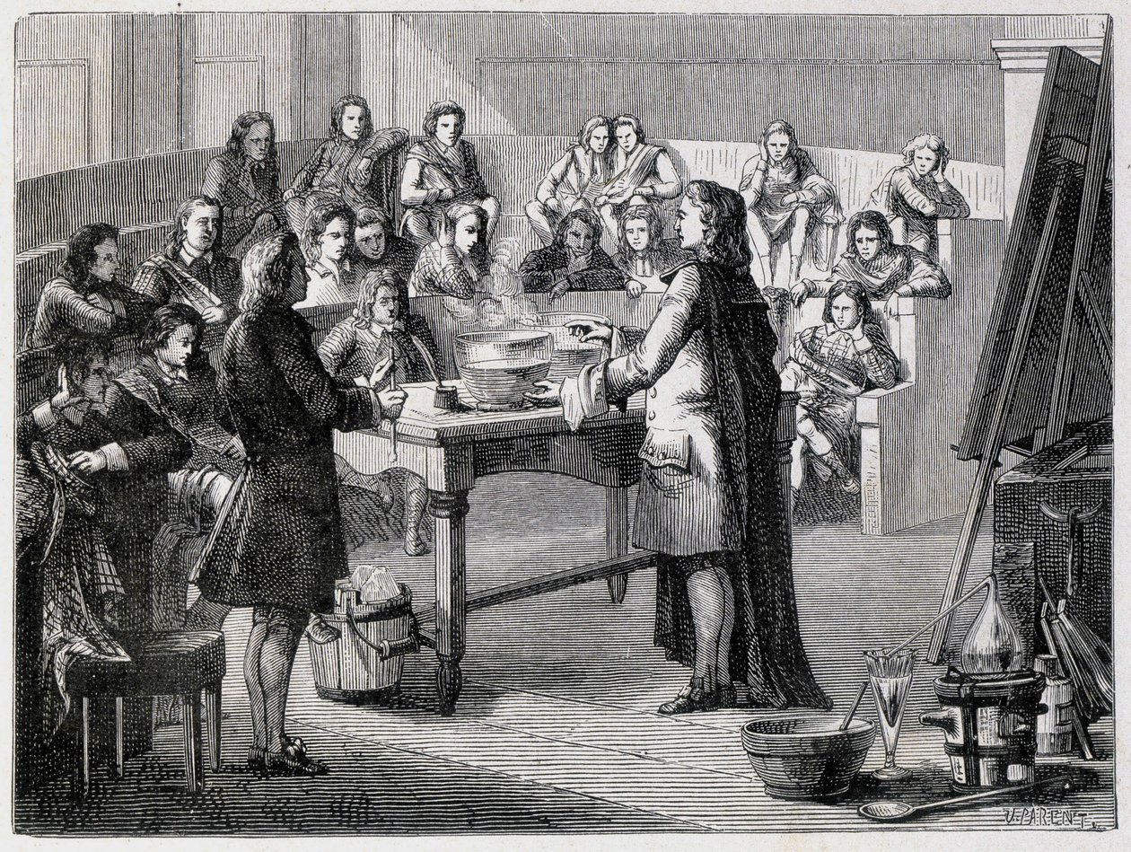 Joseph Black (1728 - 1799), Britse chemicus en natuurkundige, ervaart de latente warmte voor de studenten van de Universiteit van Glasgow door French School