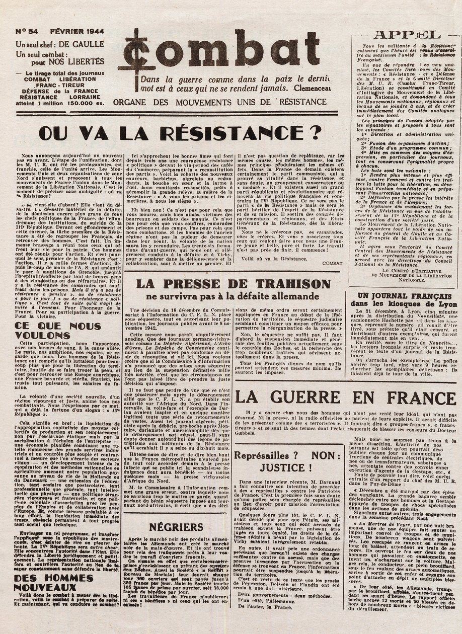 Journal COMBAT - nummer 54 - februari 1944 - orgaan van de verenigde verzetsbewegingen. (clandestiene krant) - Waar zal het verzet heen gaan door French School