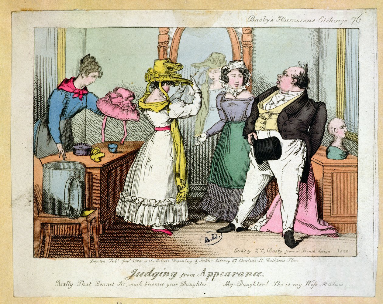 Oordelen op uiterlijk, nummer 76 van Busbys Humoristische Etsen, gegraveerd door Thomas Busby (fl. 1804-21) 1828 door French School