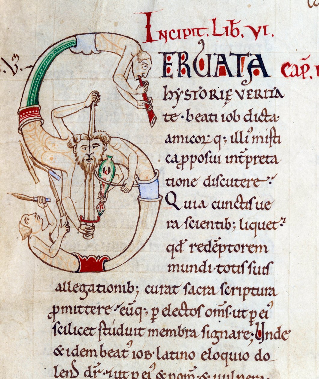 Goochelaars en muzikanten - lettrine S (initiaal). Miniatuur uit het manuscript "Moralia in Job", Morales sur Job door Saint Gregoire, van de abdij van Citeaux door French School