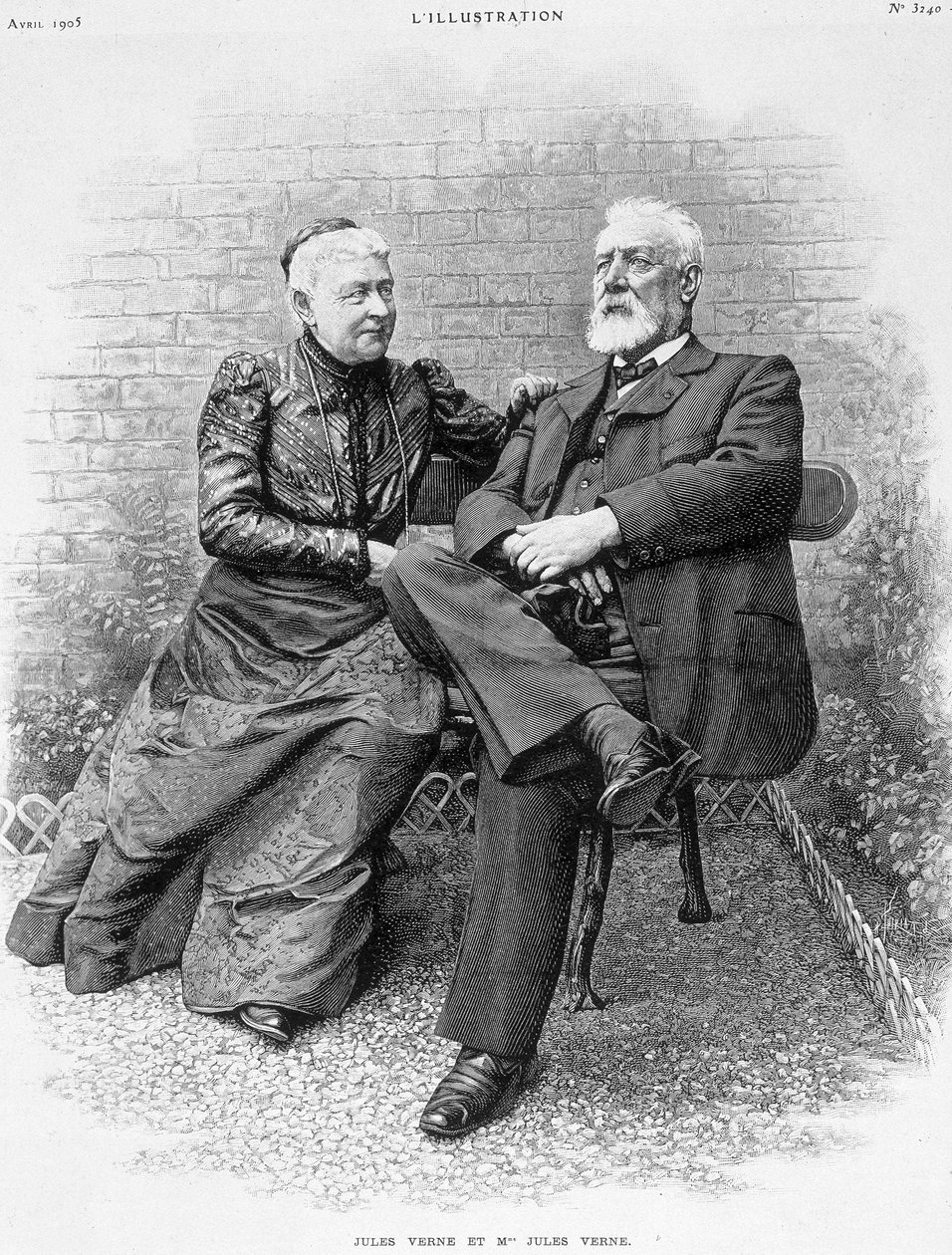Jules Verne en zijn vrouw - gravure door French School