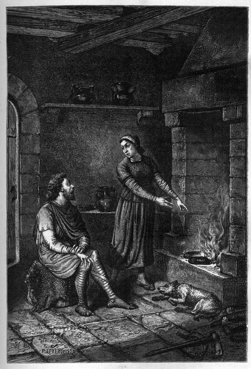 Koning Alfred de Grote (849-899) vergeet de taarten die door het Deense huis onder haar dak in Athelney zijn bereid, en verbrandt ze, 878 (gravure) door French School