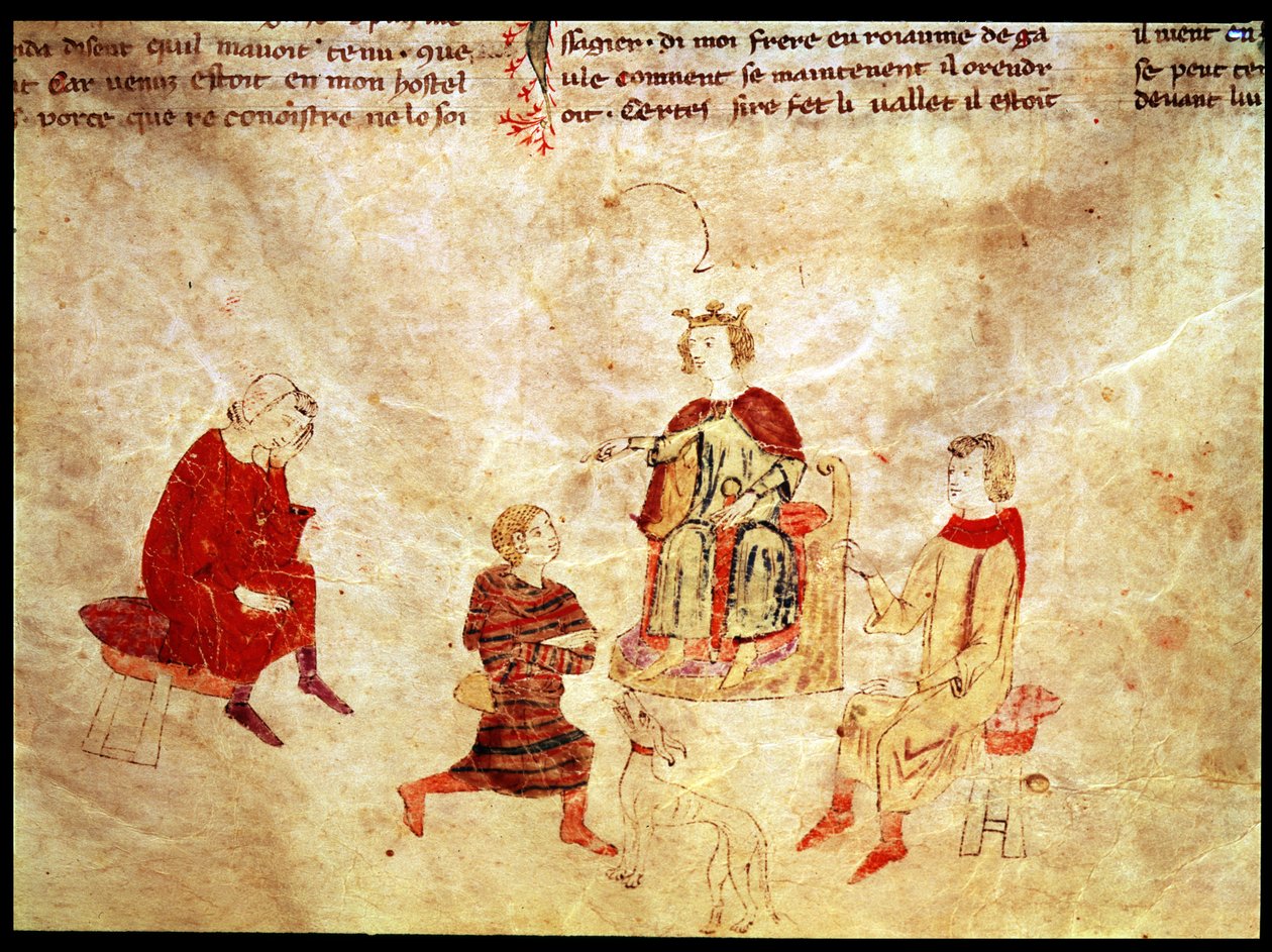 Koning Arthur op zijn troon omringd door zijn adviseurs, uit de Roman de Meliadus door French School