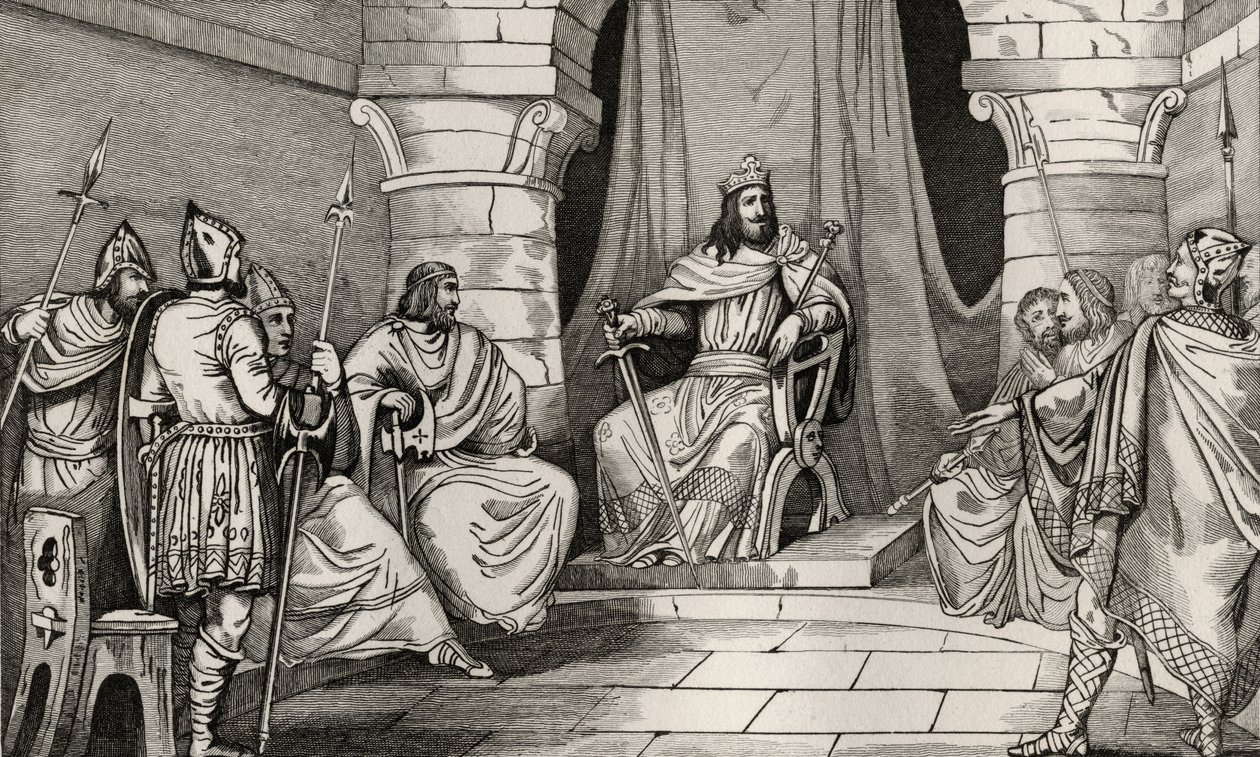 Koning Charibert (521-67) in raad met magistraten, uit 