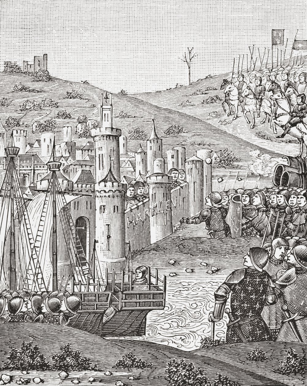 Koning Karel VII, bij het verlaten van Rouen, vertrekt om de stad Harfleur te belegeren, naar een miniatuur uit het 15e-eeuwse manuscript Chroniques de Monstrelet, uit Wetenschap en Literatuur in de Middeleeuwen door Paul Lacroix, gepubliceerd in Londen 18 door French School