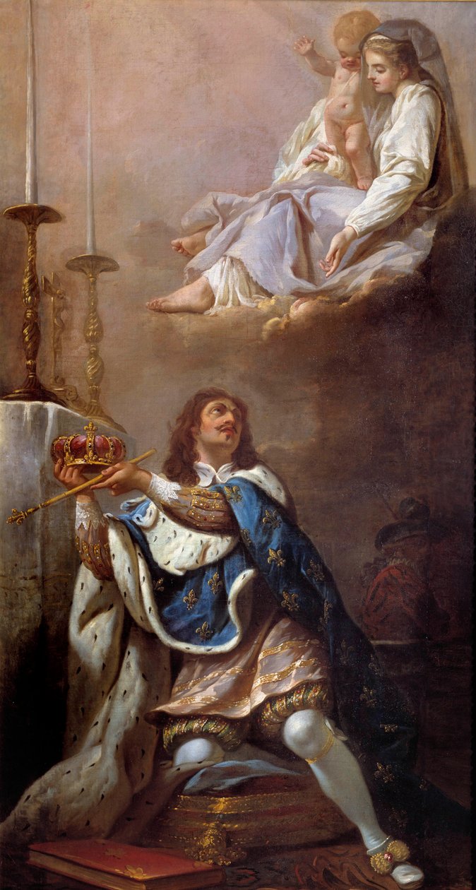 Koning Lodewijk XIII biedt zijn kroon aan de Maagd aan. Schilderij van de Franse School. 17e eeuw. Versailles. Kerk van Onze-Lieve-Vrouw van Versailles door French School
