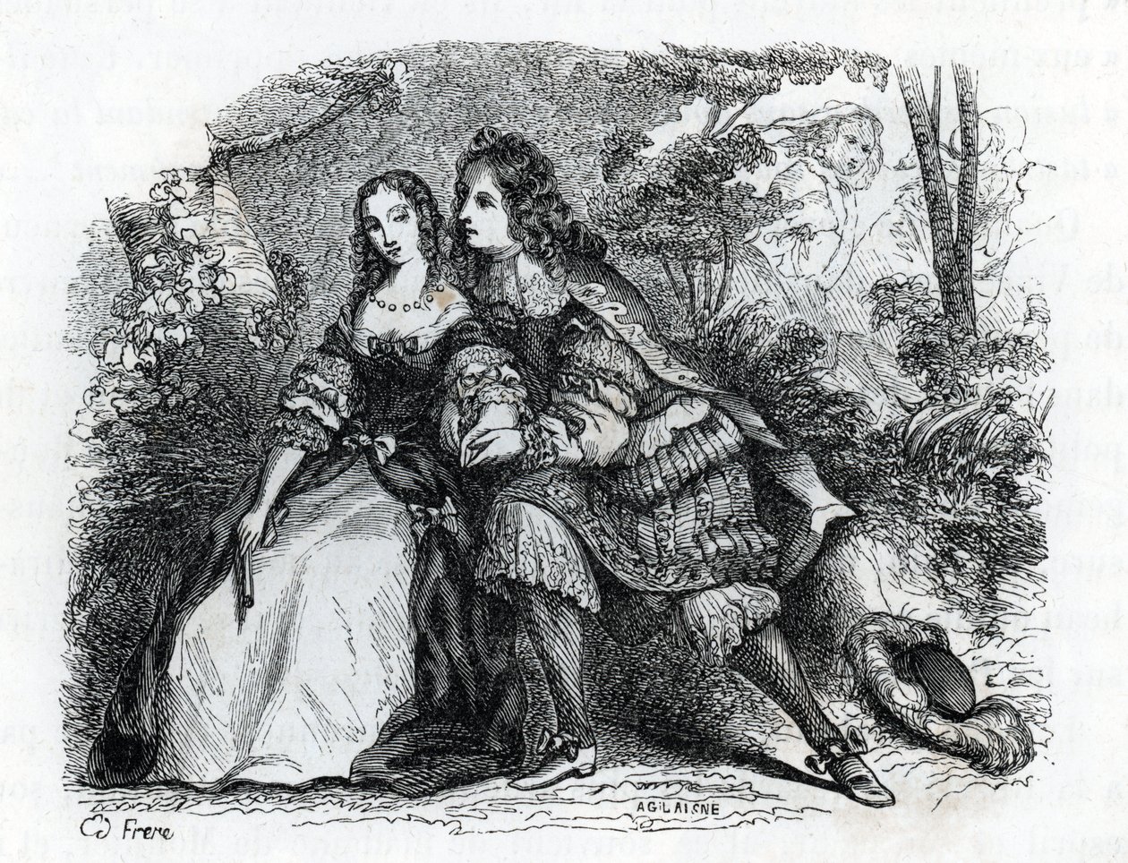 Koning Lodewijk XIV (1638-1715) en zijn minnares Louise de La Valliere (1644-1710) - (gravure) 1846 door French School