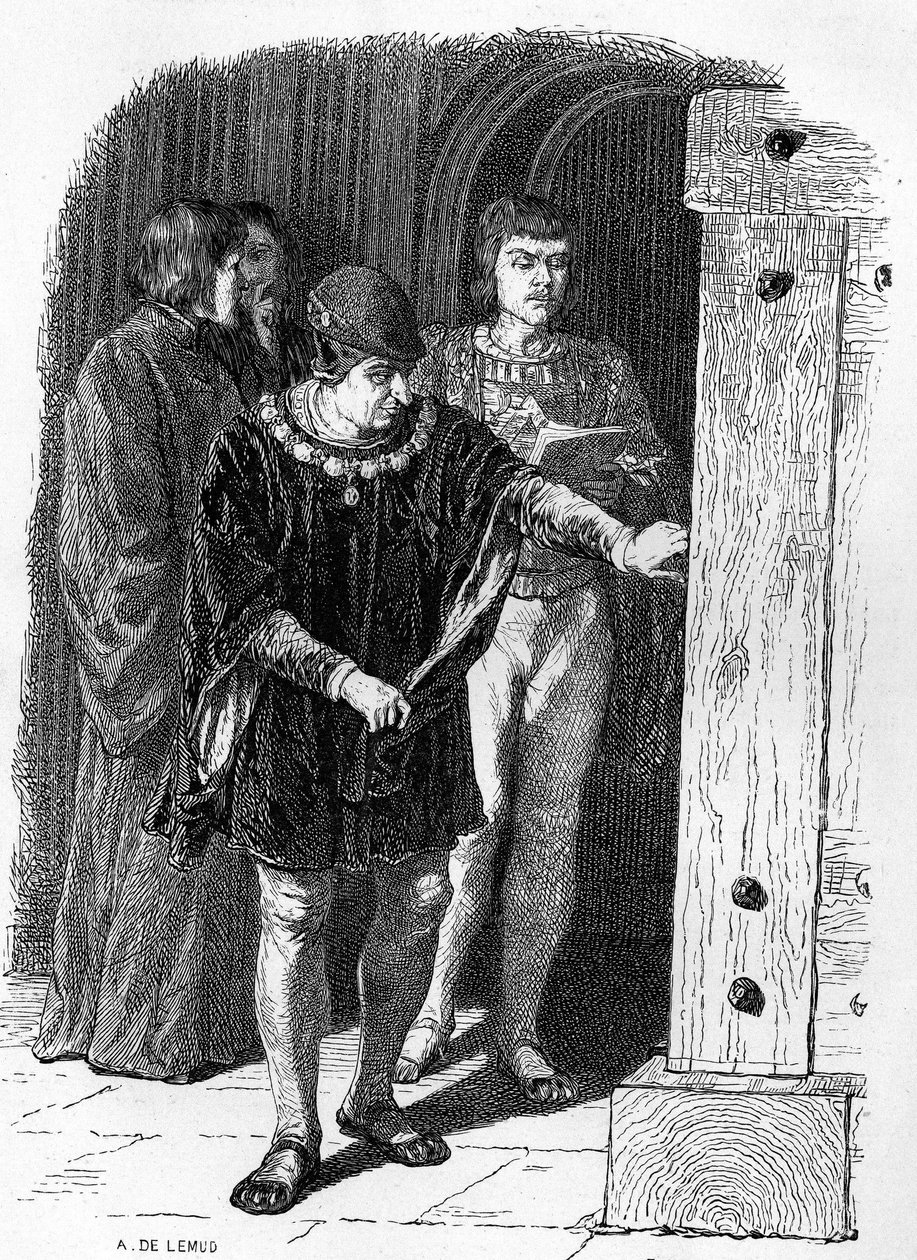 Koning van Frankrijk Lodewijk XI bezoekt de kooien van de Bastille. Gravure in 