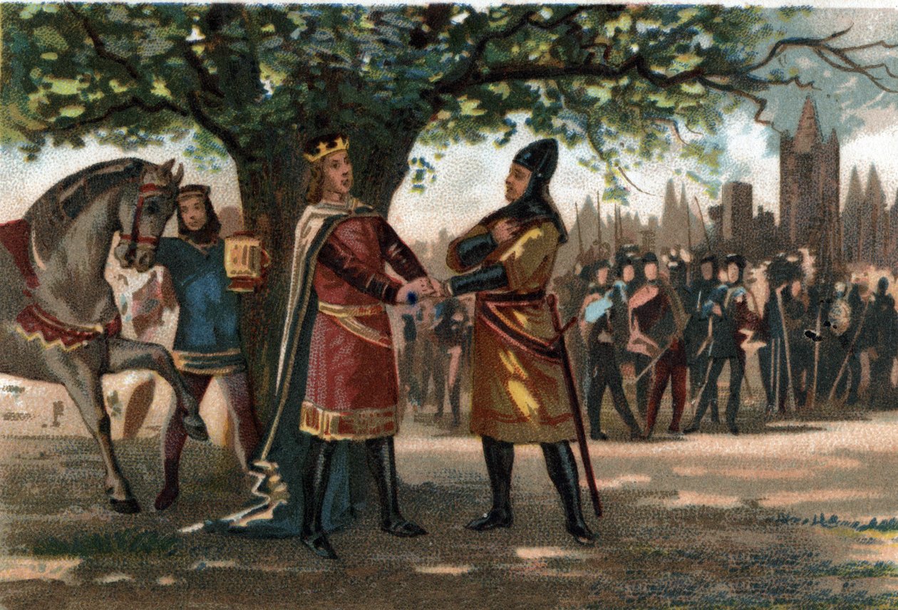 Koning van Frankrijk Filips Augustus (1165-1223) ontmoette koning Richard Leeuwenhart in Saint Denis tijdens de verovering van de Oriflamme. door French School