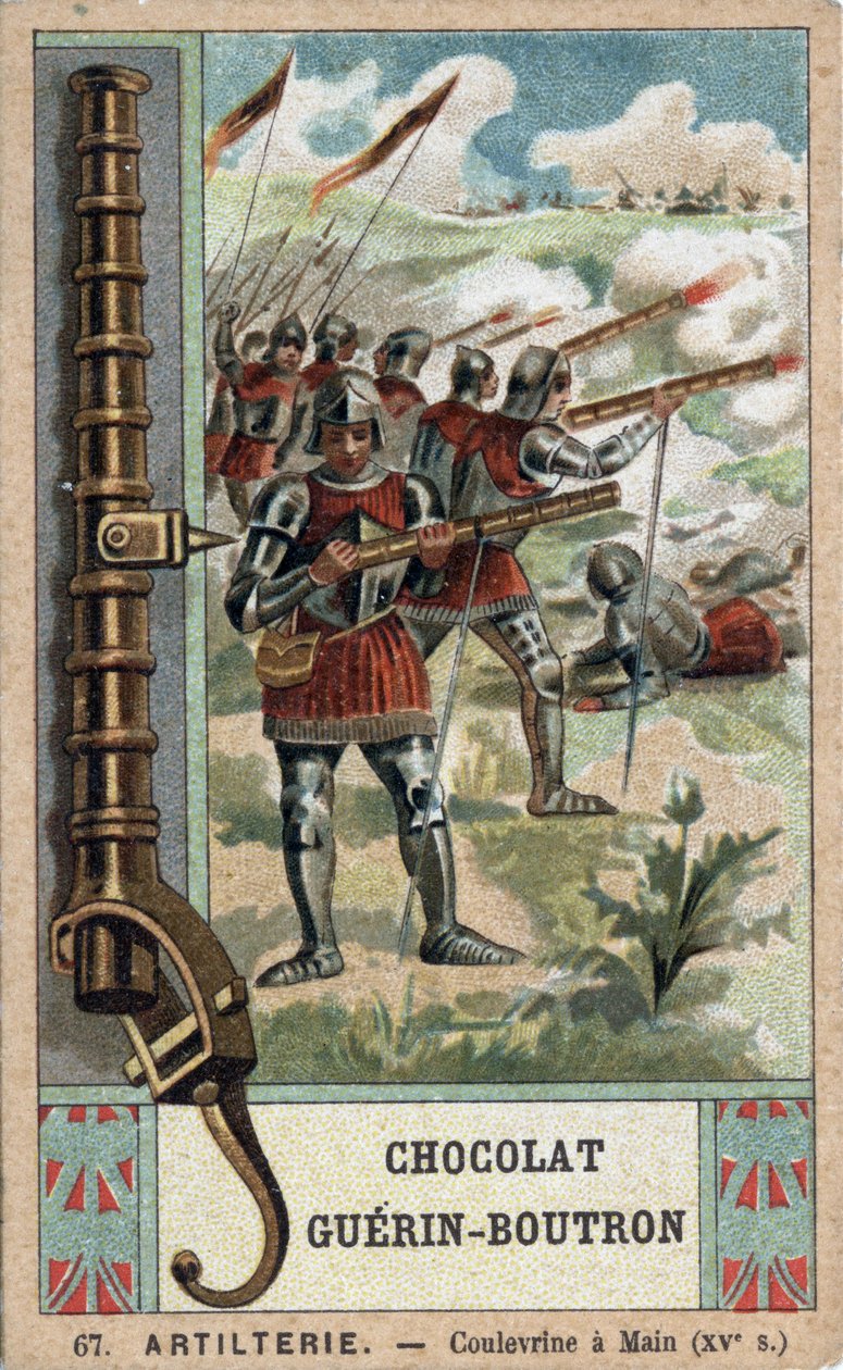 Ridder die een handkolf bedient uit de 15e eeuw. Chromolithografie uit de 19e eeuw van Guérin-Boutron chocolade. door French School