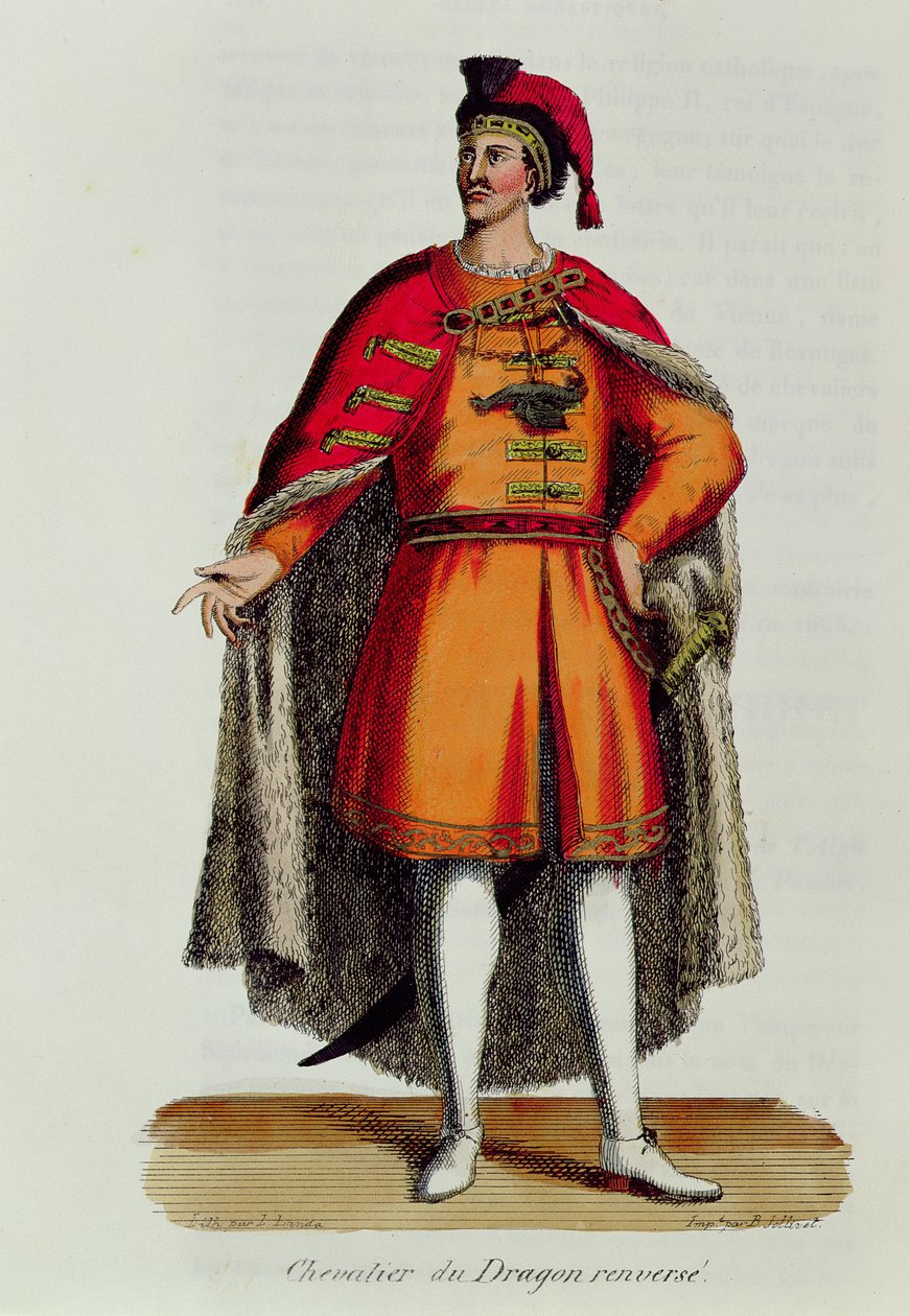Ridder van de Hongaarse Orde van de Draak omvergeworpen, illustratie uit Histoire et Costumes des Ordres Monastiques door Pierre Helyot (1660-1716), 1842 door French School