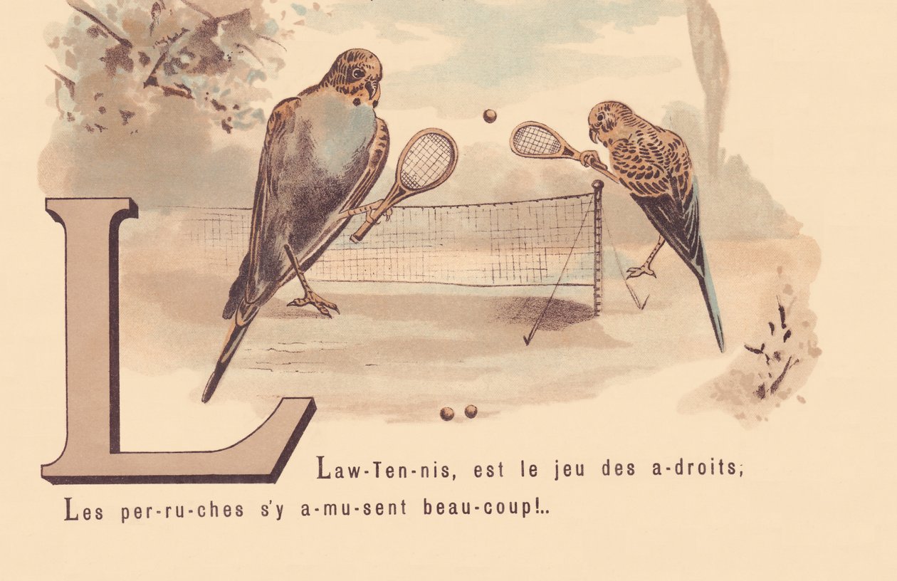 L: Lawn-Tennis, is het spel van de slimme; Parkieten hebben veel plezier! door French School
