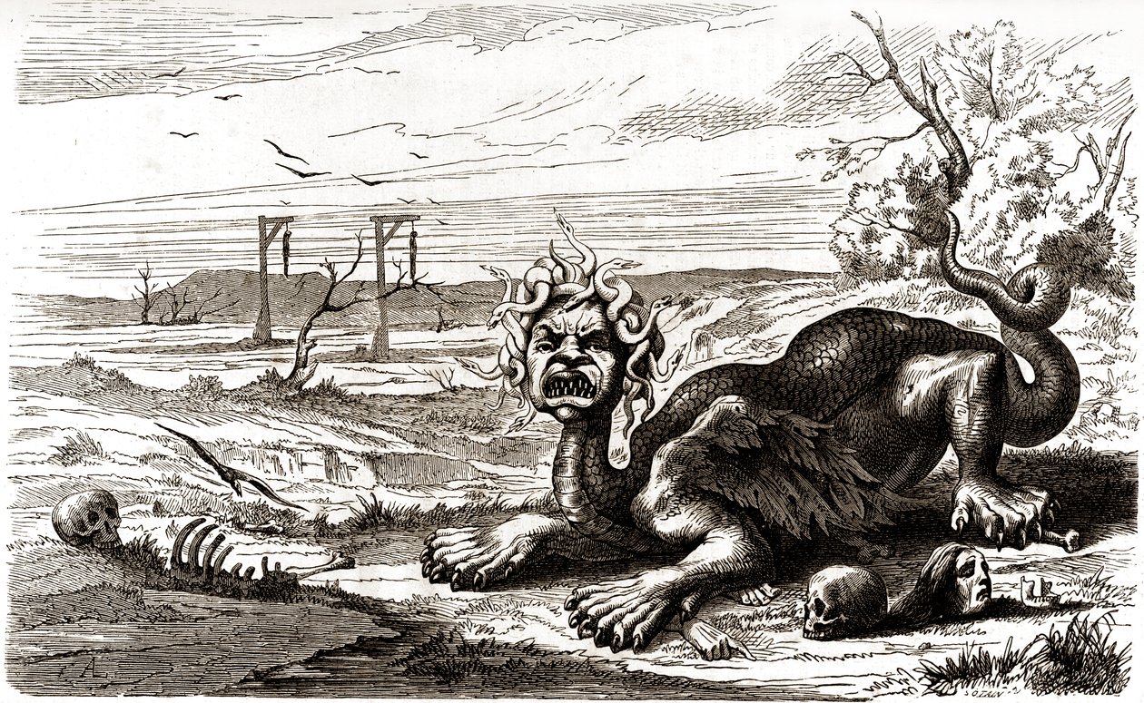 La Frond (1648-1653): een monsterlijk dier met slangenhaar, staat boven menselijke lijken en skeletten door French School