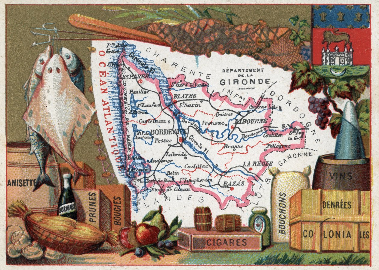 La Gironde (33), Aquitaine, Frankrijk. Lokale specialiteit: vis, anisette, Bordeaux wijn, pruimen, kaarsen, sigaren, kurken en koloniale voeding. Serie over de Franse departementen. Chromolithografie 