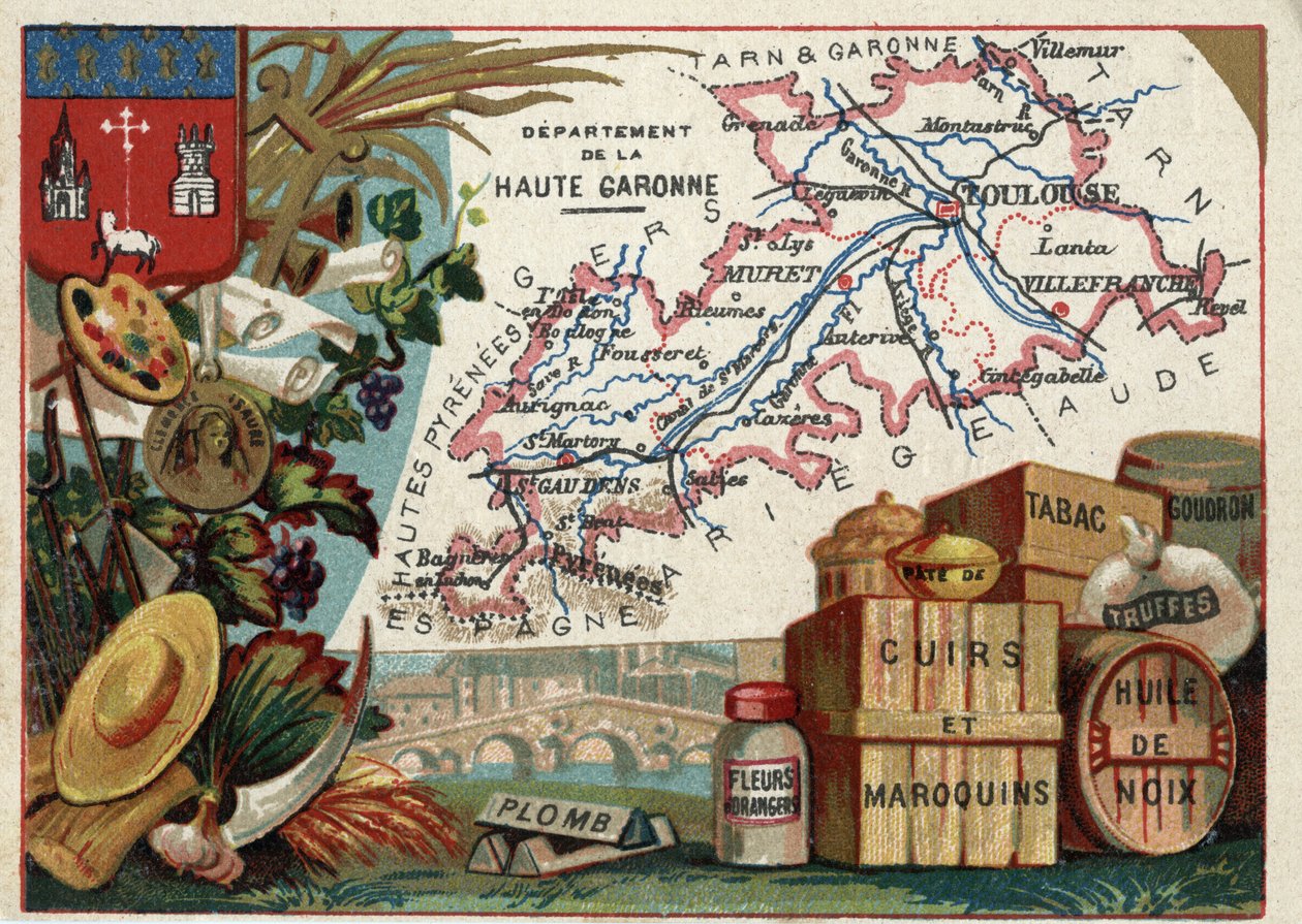 La Haute Garonne, Midi-Pyrenees, Frankrijk. Lokale specialiteit: lood, sinaasappelbloesems, pasta, leer en lederwaren, tabak, walnootolie, teer en truffels. Serie over de Franse departementen. Chromolithografie "de geografische draad", circa 1920. Privécol door French School