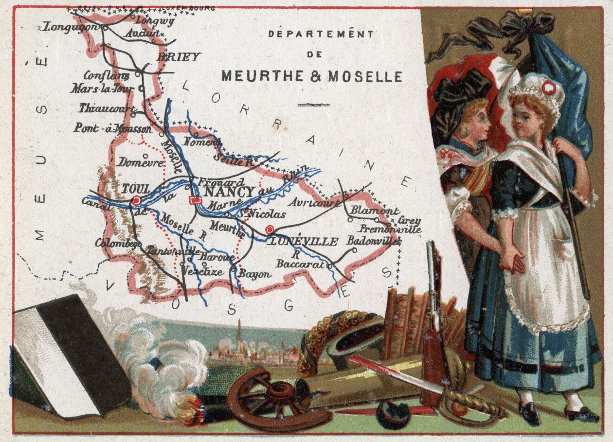 La Meurthe et Moselle (Meurthe-Et-Moselle, 54), Lorraine, Frankrijk. Portret van twee revolutionaire vrouwen. Serie over de Franse departementen. Chromolithografie 