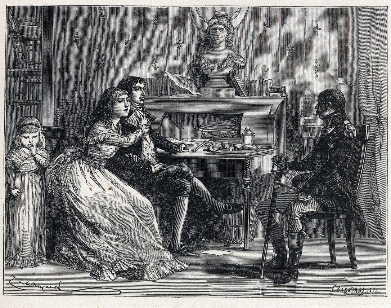 De Terreur tijdens de Franse Revolutie: Camille Desmoulins (1760-1794), gevangen, ontvangt bezoek van zijn vrouw Lucile (1770-1794) en de maarschalk Guillaume Brune (1763-1815) door French School