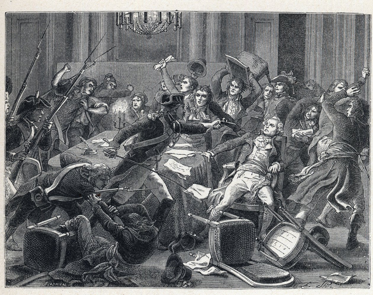 De Terreur tijdens de Franse Revolutie: arrestatie van Maximilian de Robespierre (1758-1794) en zijn aanhangers in het Hotel de Ville de Paris op 9 Thermidor jaar II (27 juli 1794). In het midden vuurt een gendarme een pistool af op Robespierre (1758-1794) door French School