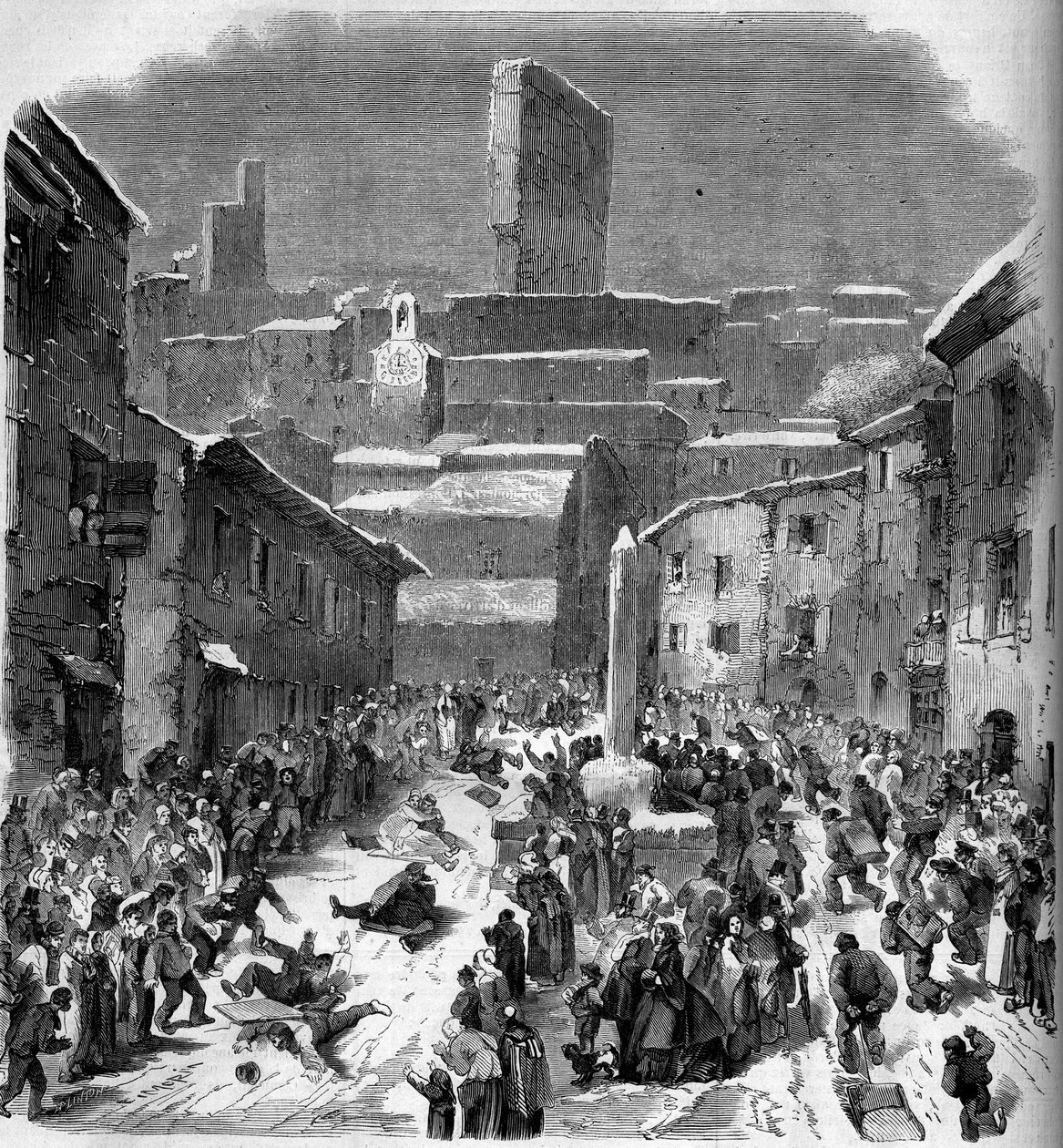 La glissade en barriots (sleeën) in Bourdeaux, Drôme (26), winter 1860. Gravure in 