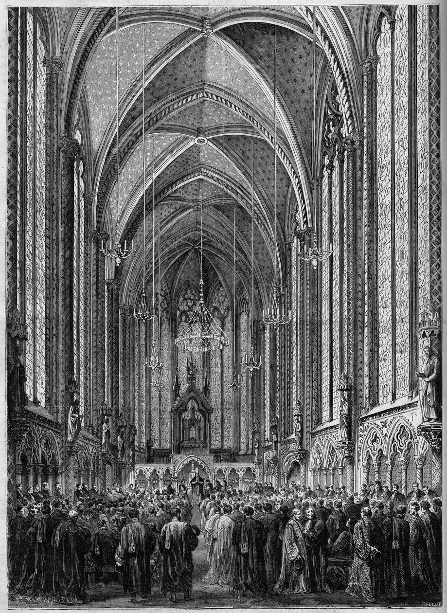 De mis van de Heilige Geest, gevierd in de Sainte Chapelle van Parijs, ter gelegenheid van de terugkeer van de magistratuur, op 3 november 1863. Gravure in "Le Monde Illustré" nr. 343 van 7 november 1863 door French School