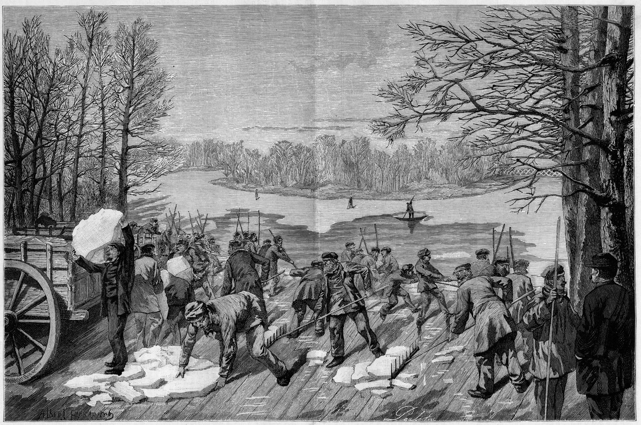 De oogst van ijs op de bevroren meren van het Bois de Vincennes, in 