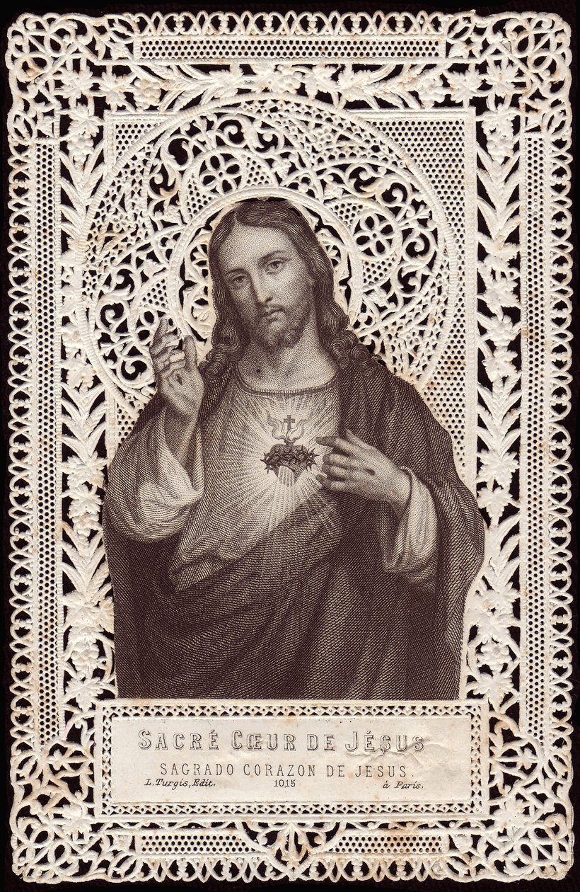 Kantkaart met het Heilig Hart van Jezus, 19e eeuw door French School