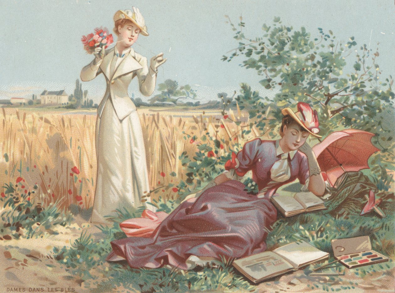 Dames in een korenveld (chromolitho) door French School