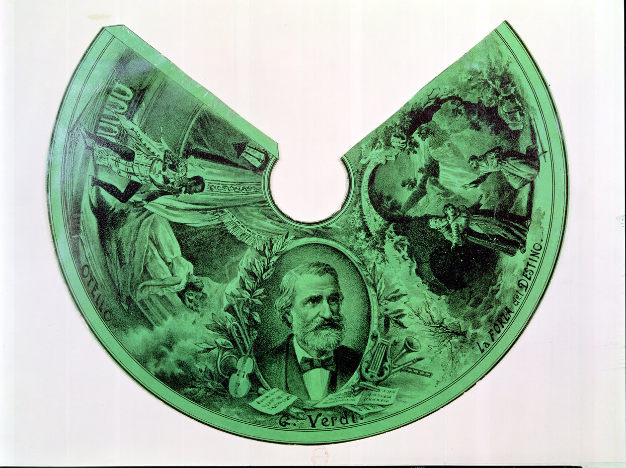 Lampscherm versierd met een portret van Giuseppe Verdi en scènes uit Othello en The Force of Destiny door French School