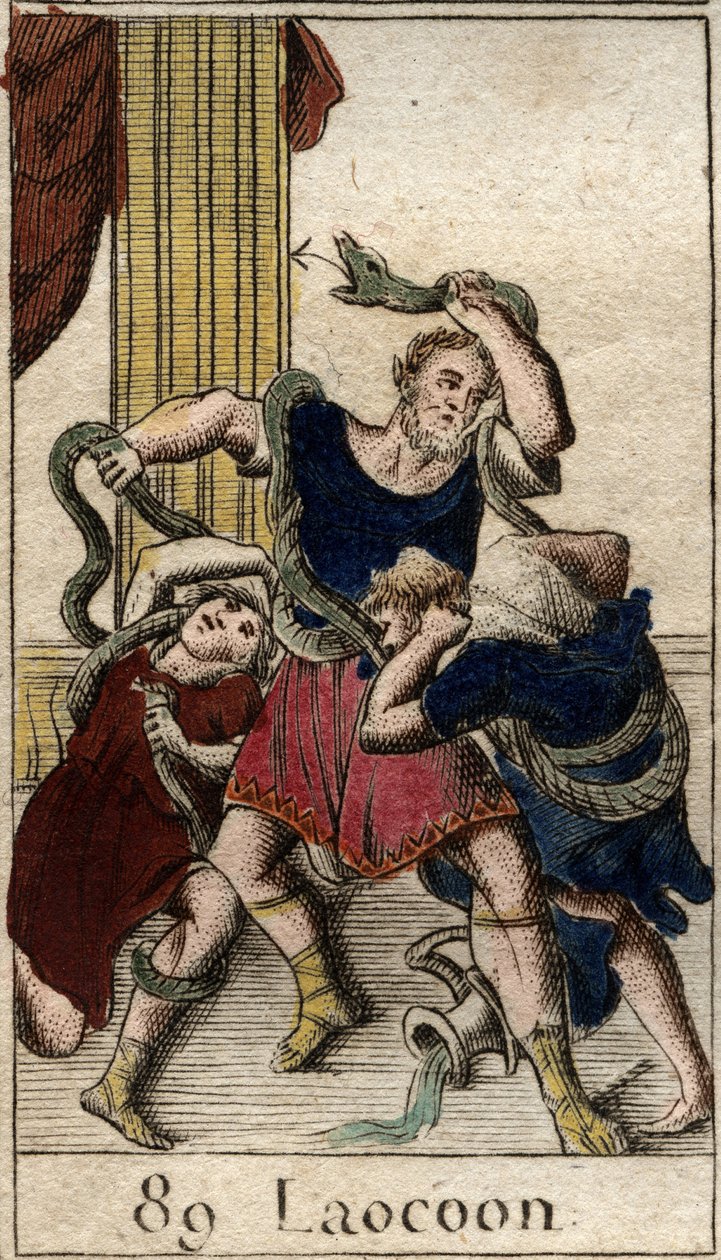 Laocoon Minerva ondersteunt de Grieken en stuurt de zeeslangen om Laocoon aan te vallen die de inwoners van Troje waarschuwt tegen het paard. Slangen vielen zijn twee zonen aan en daarna Laocoon door French School