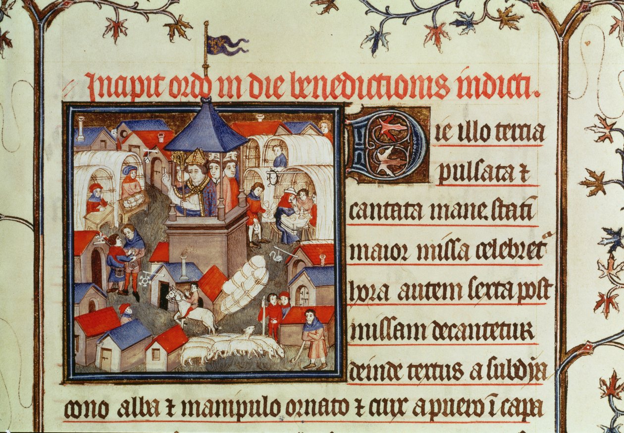 Miniatuur van een bisschop die de jaarlijkse kermis of markt zegent, gehouden twee weken in juni op de vlakten van St. Denis, uit een pontificaal, 1301-1400 door French School