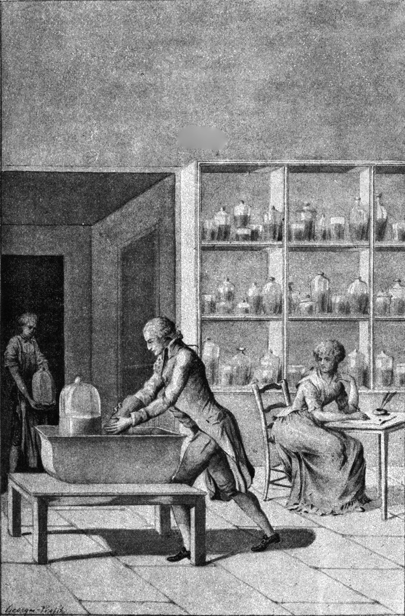 Lavoisier in zijn laboratorium in het Arsenal, demonstrerend een experiment over ademhaling, 18e eeuw door French School