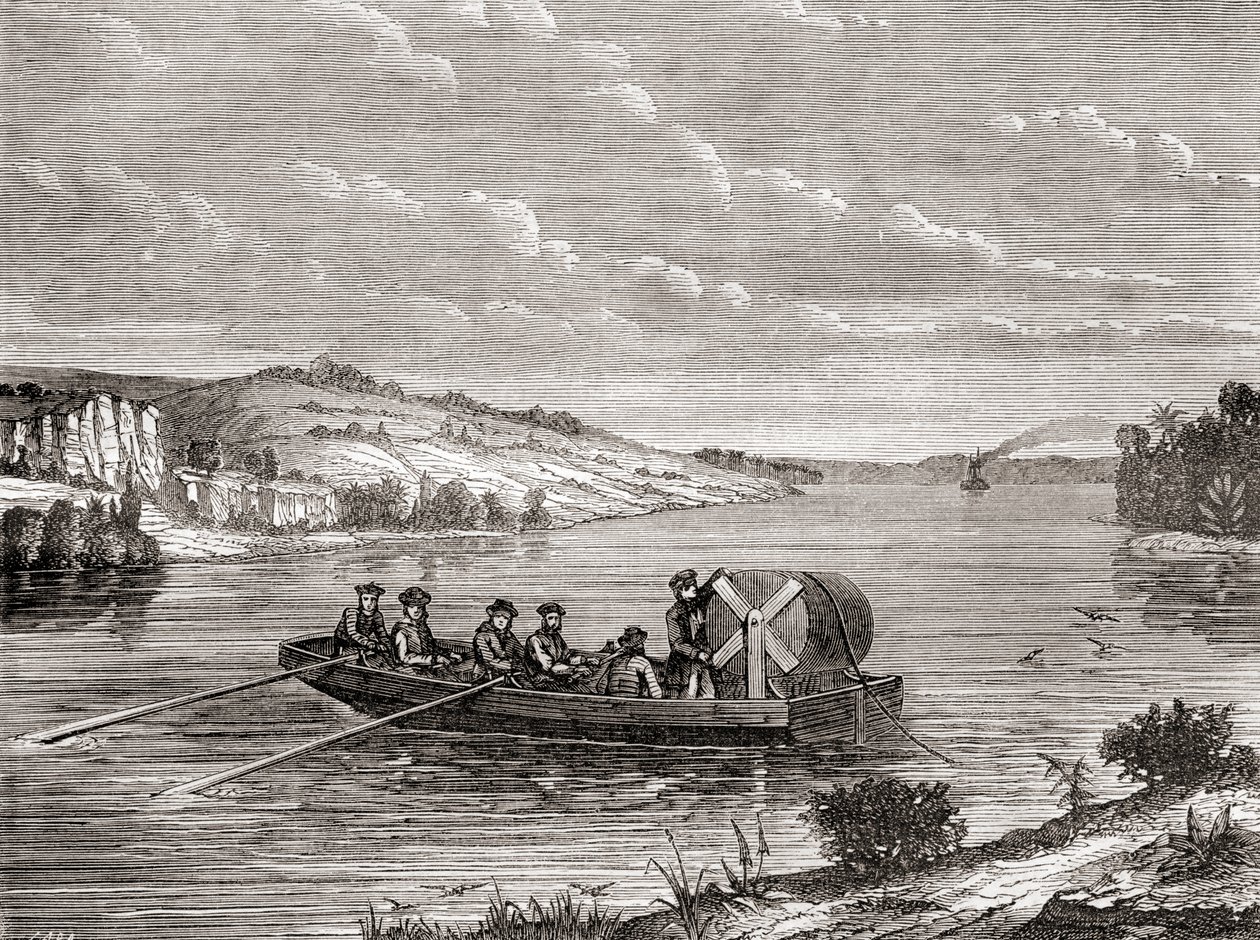 Het leggen van een telegraafkabel onder een Amerikaanse rivier ca. 1860, uit Les Merveilles de la Science, gepubliceerd ca. 1870 door French School