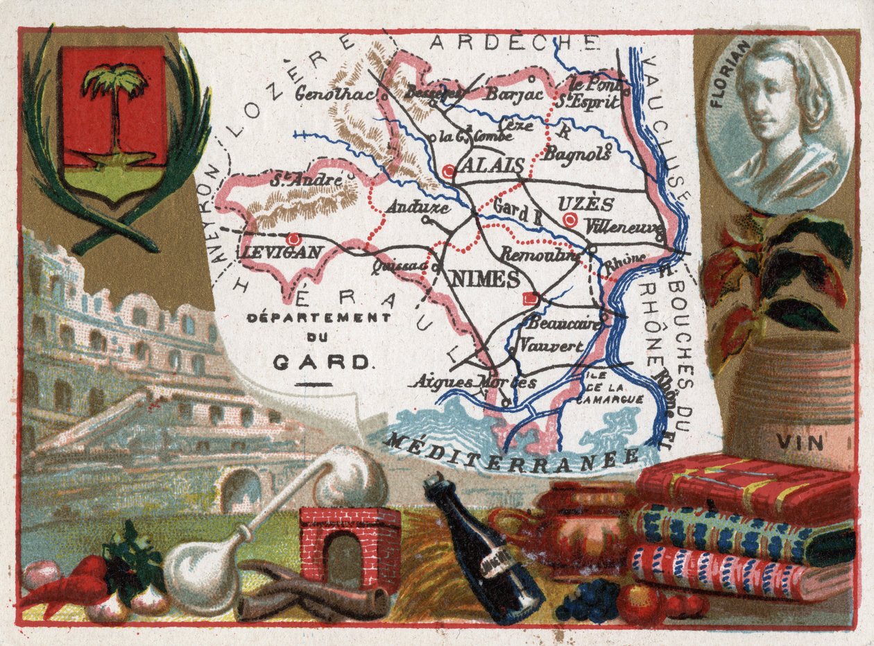 Le Gard (30), Languedoc-Roussillon, Frankrijk - Lokale specialiteit: eau de vie (distilleerapparaat) en wijn - Portret van Jean-Pierre-Claris de Florian (1755-1794) - Serie over de Franse departementen - Chromolithografie door French School