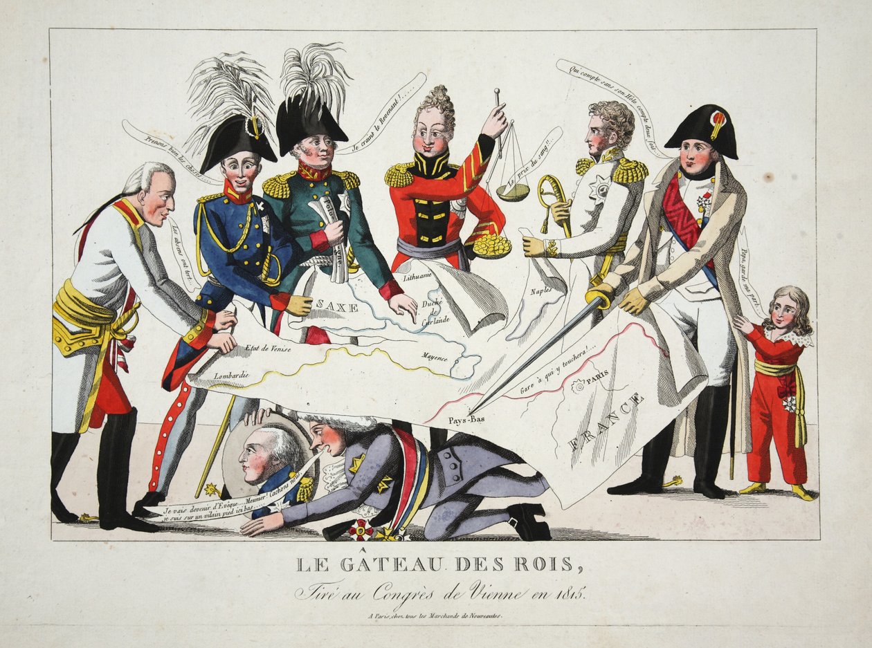 Le Gateau des Rois, getrokken op het Congres van Wenen in 1815, pub. door French School
