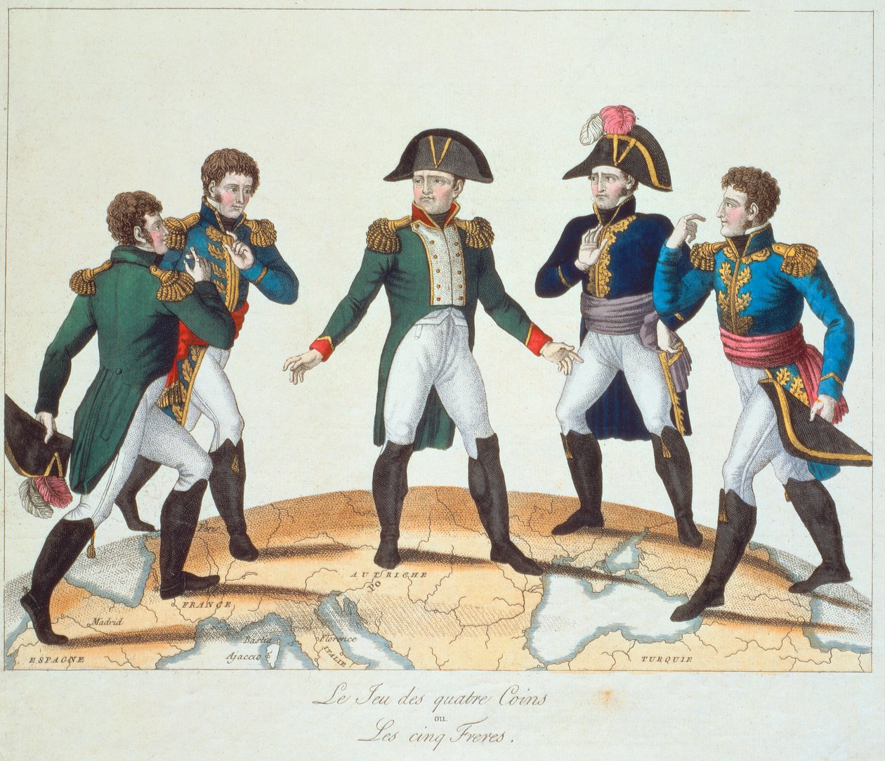 Het Spel van de Vier Hoeken of De Vijf Broers, Bonapartistische cartoon met Napoleon en zijn broers, 1808 door French School