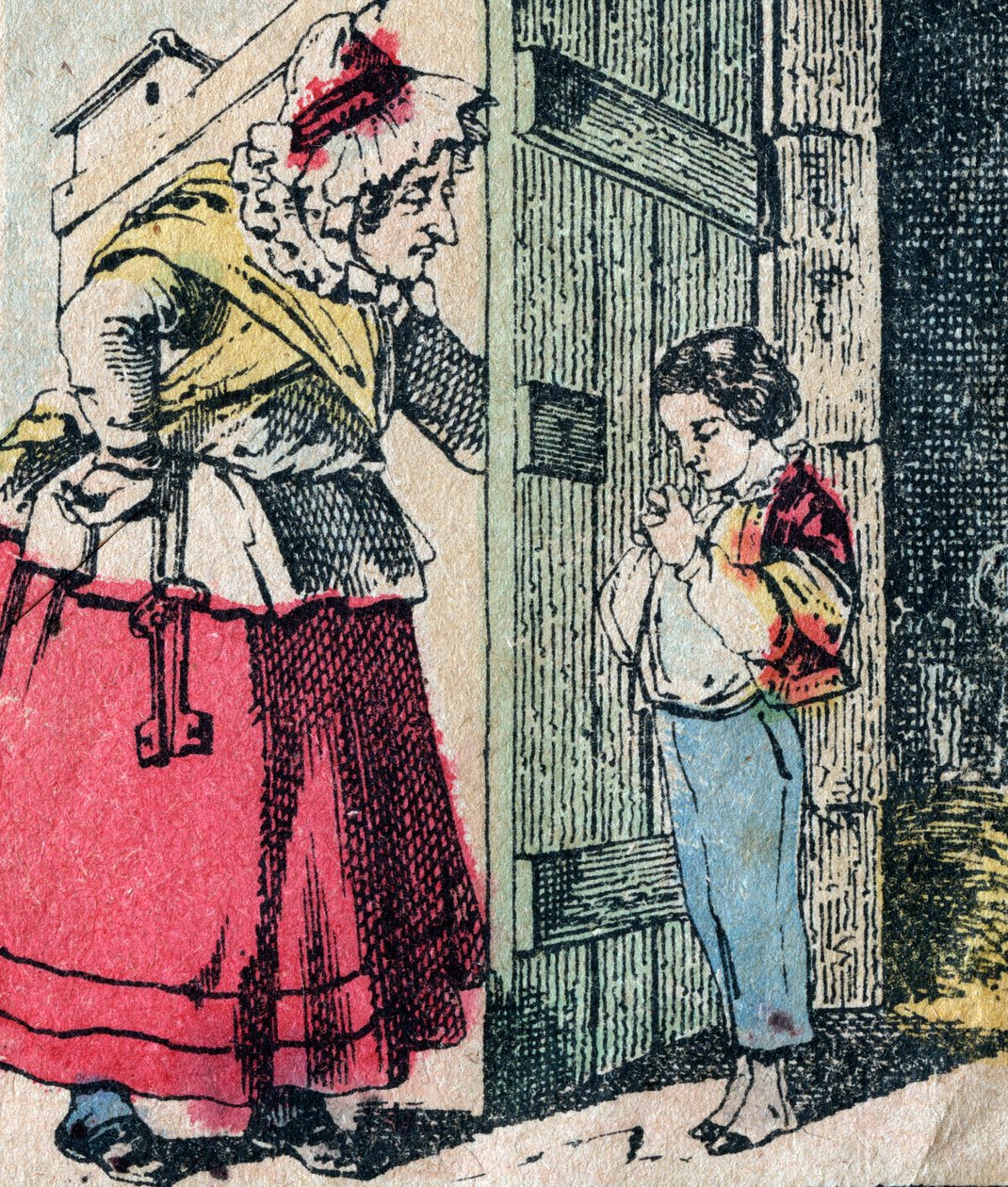 Le Pere Fouettard, Franse figuur voor de geselende vader, legendarisch figuur uit folklore die stoute kinderen straft: zijn vrouw, La Mere Fouettard de geselende moeder, die berouwvolle kinderen brengt - Epinal afbeelding door French School