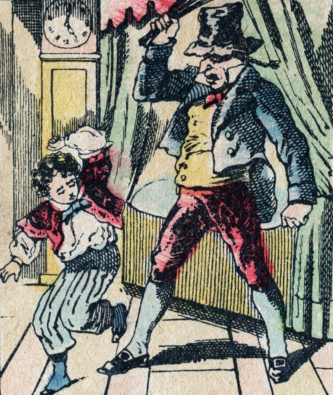 Le Pere Fouettard legendarische figuur uit de folklore, die ongehoorzame kinderen straft met zijn zweep, en ongehoorzame kinderen opsluit, afbeelding van Epinal door French School