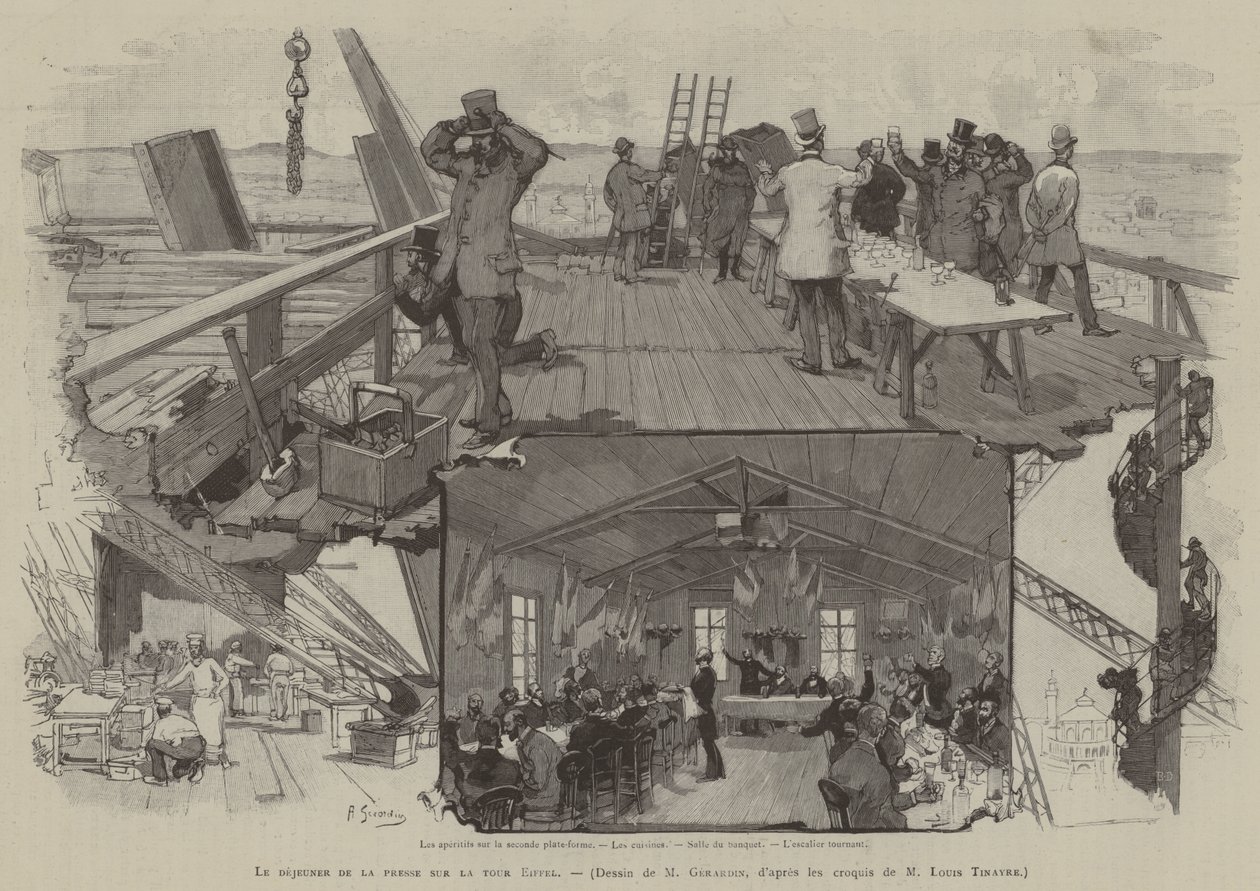 Perslunch op de Eiffeltoren (gravure) door French School
