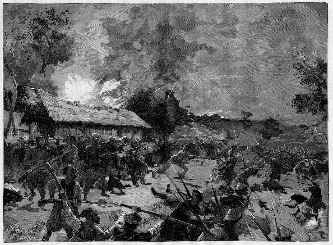 De hinderlaag van Hue, 4-5 juli 1885: aanval van een Tonkinese leger (Vietnam) tegen de Franse troepen van generaal de Courcy. Gravure in 